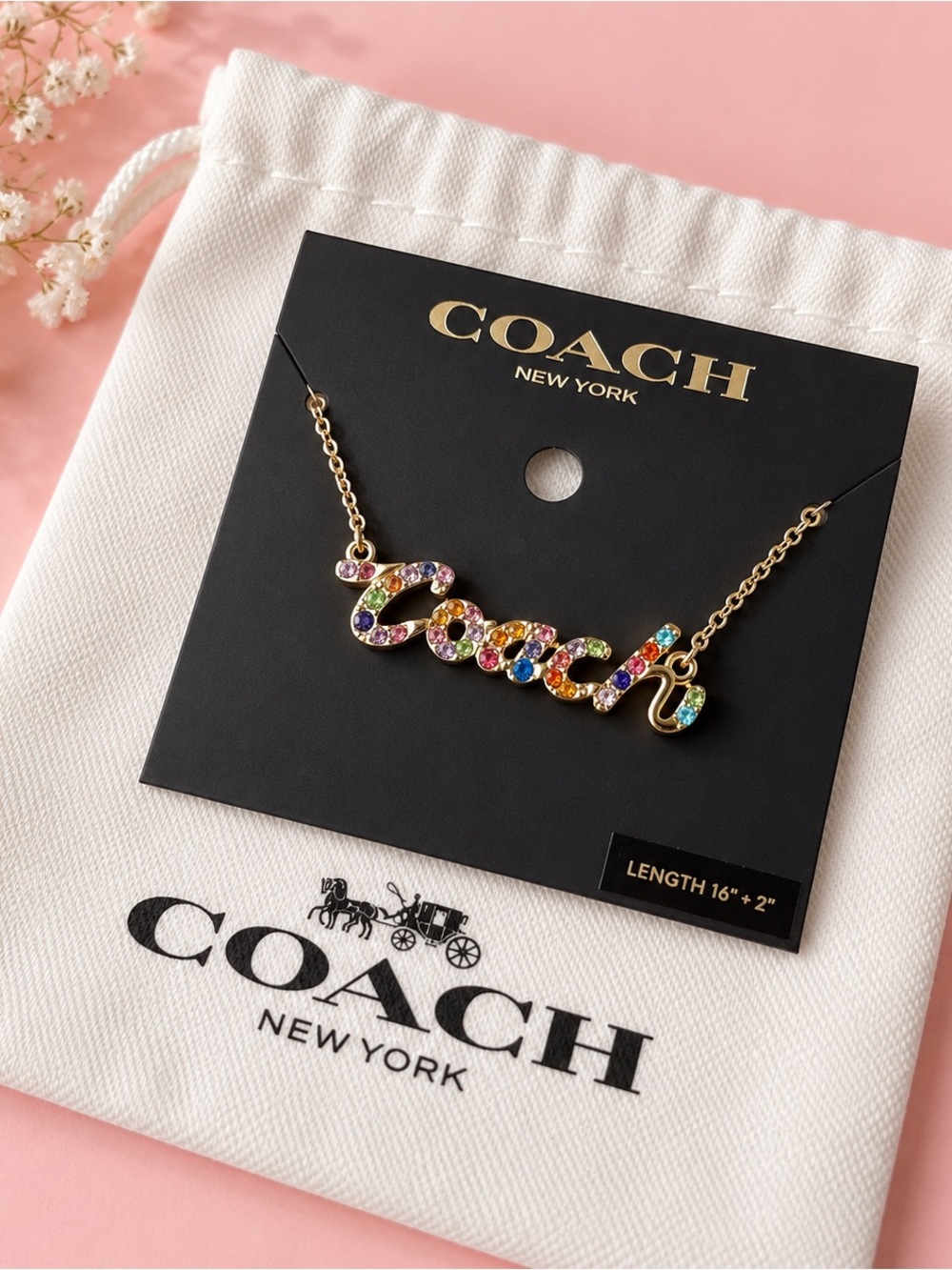 Coach Multicolor Crystal Logo Necklace - Gold Tone